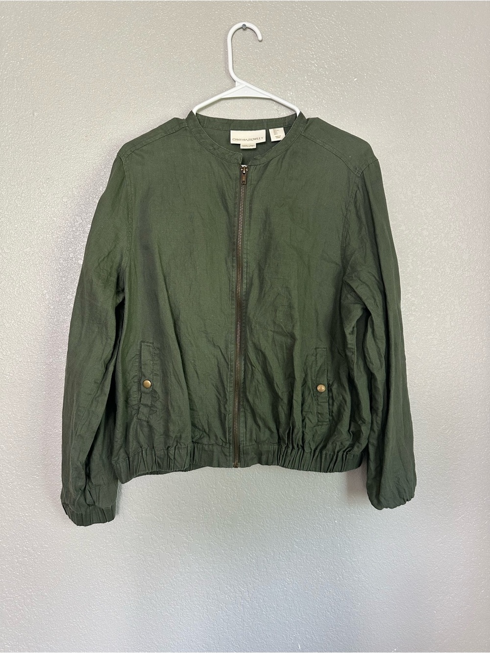 Cynthia Rowley 100% Linen Lagenlook Green Long Sleeve Zippered Bomber Jacket